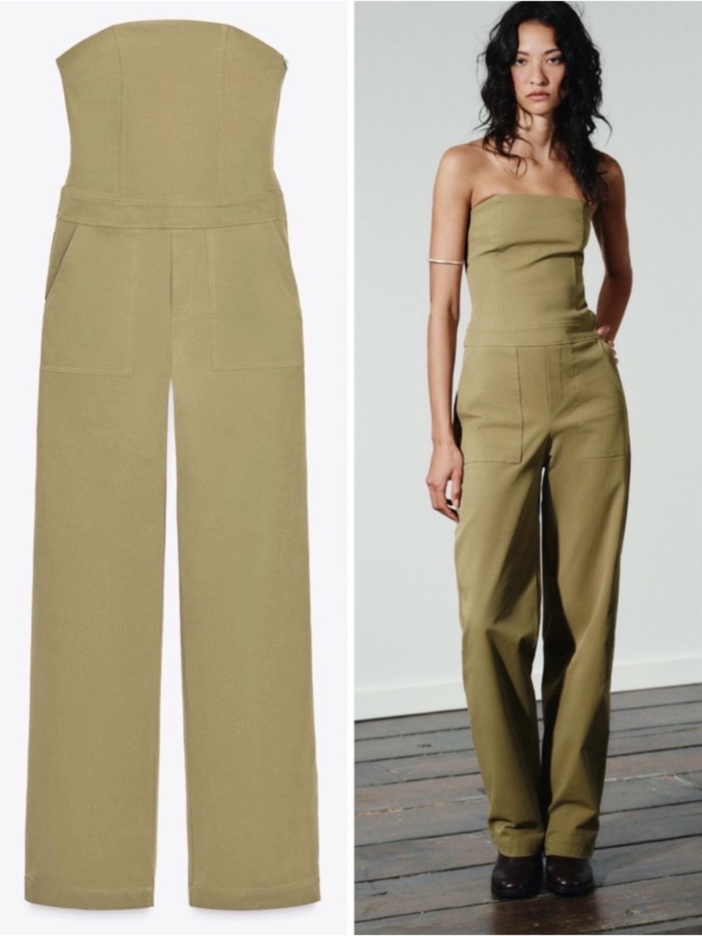 Zara STRAPLESS FULL-LENGTH JUMPSUIT
GREEN Strapless Utility Jumpsuit in Olive